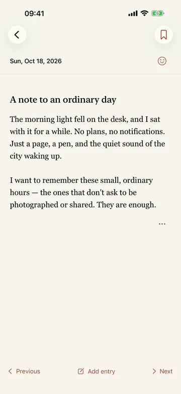 Rizha reading view: a fictional diary entry on cream paper